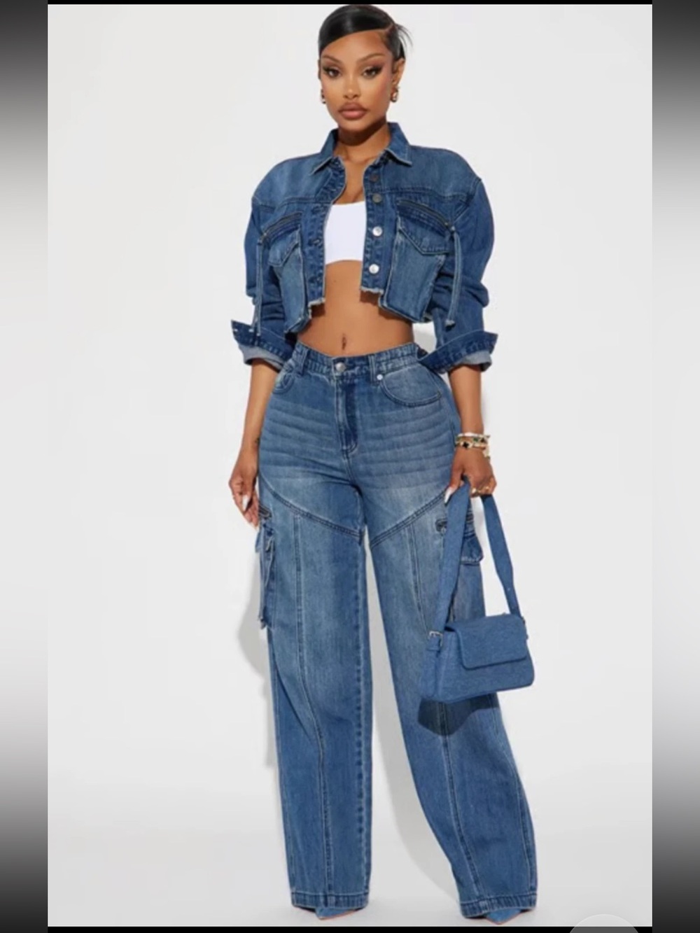 High-Rise Flare Cargo Jeans in Blue